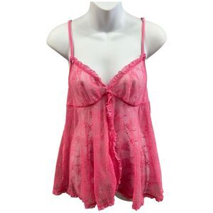 Badgley Mischka Chemise Womens Large Pink Babydoll Sheer Lace Set With Underwear